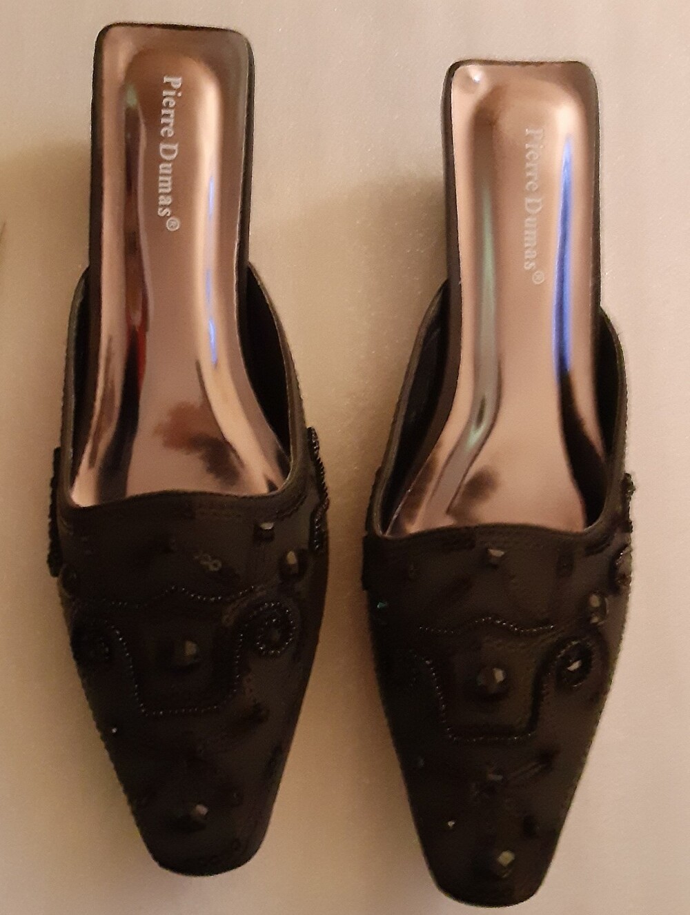 Pierre Dumas Black Beaded Square Toe Slip-On Mules with Metallic Insole